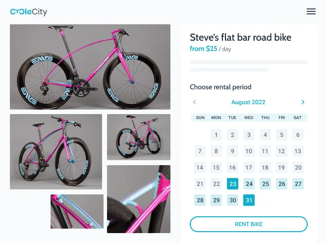 website showing rental bikes and booking calendar