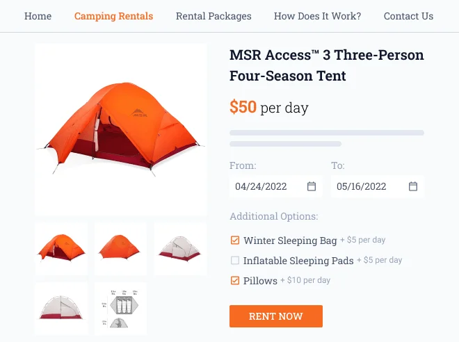 website showing tent for rental and booking form