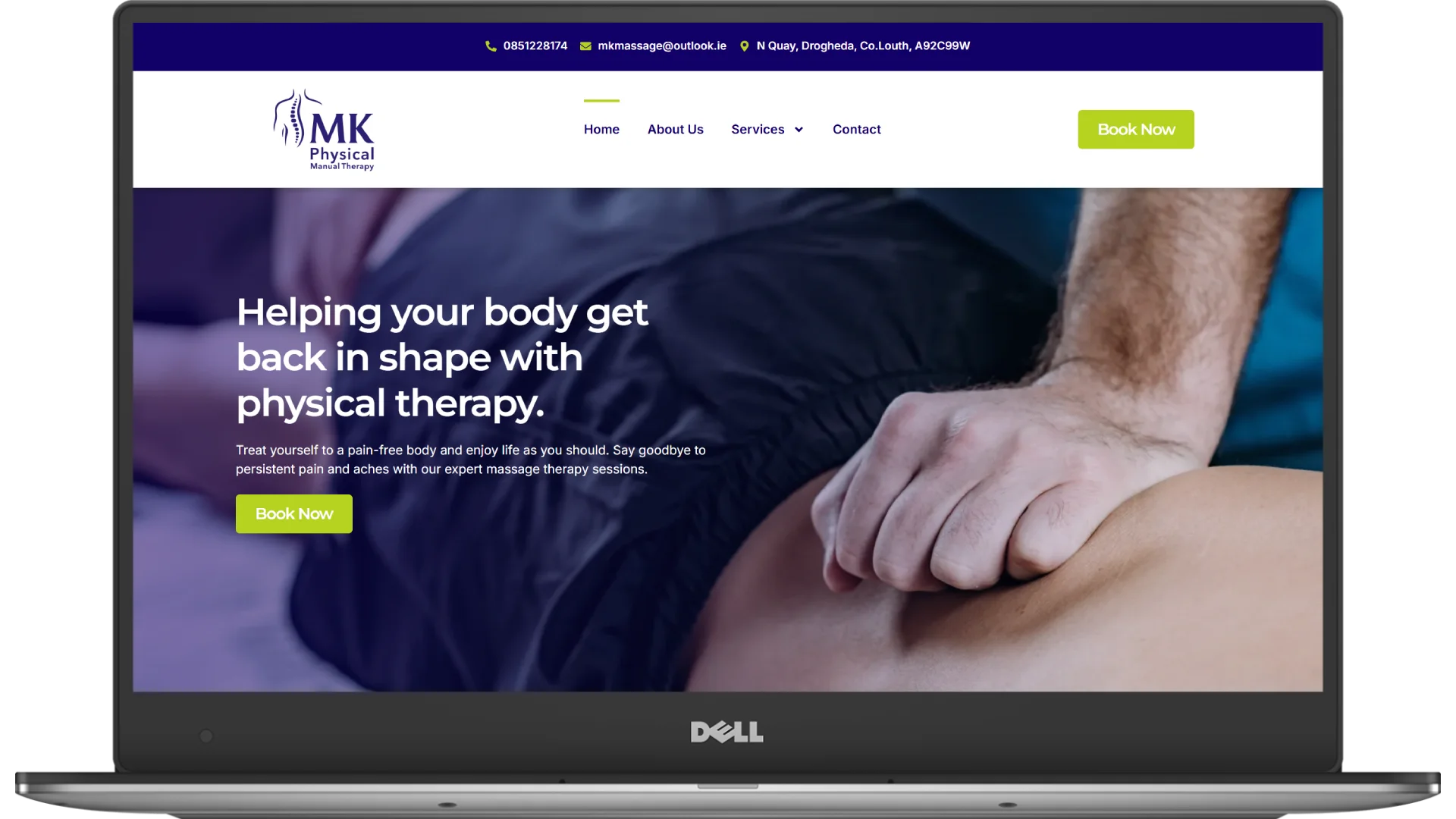MK Physical Therapy website homepage shown on a laptop