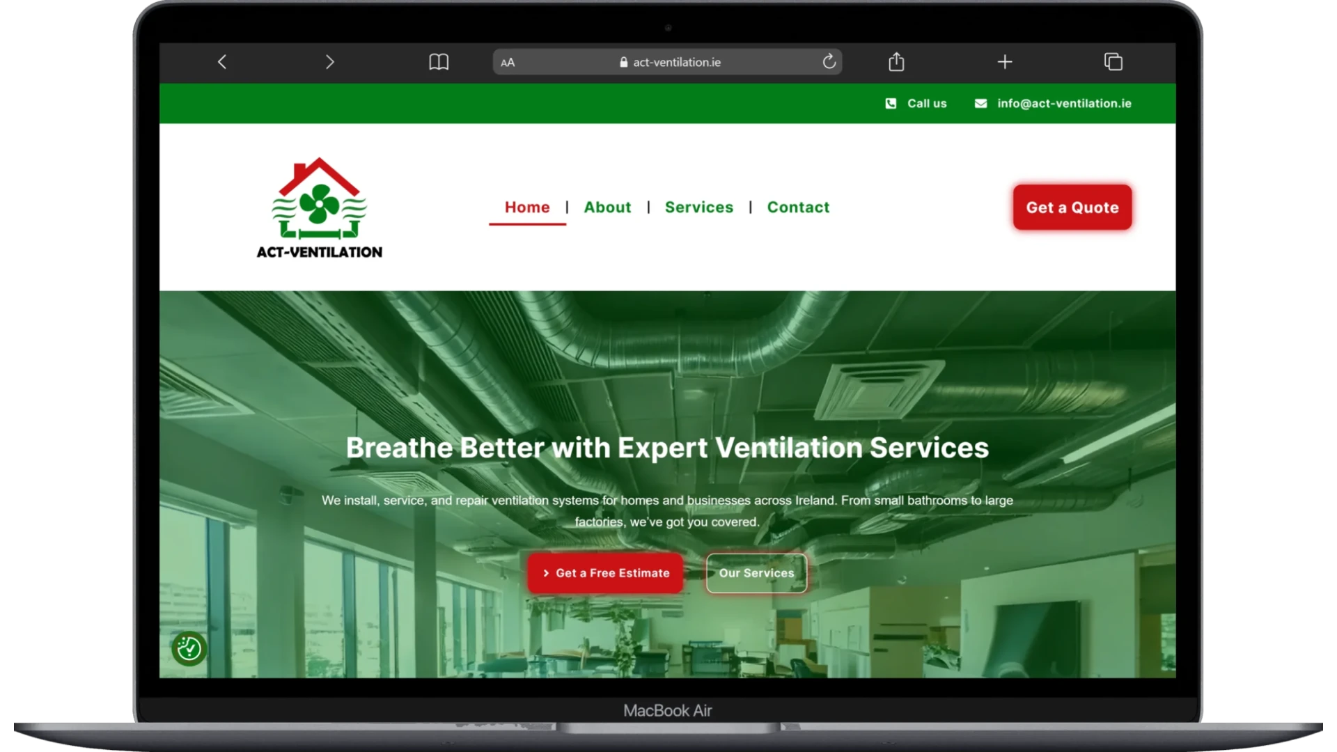 ACT Ventilation website homepage shown on a laptop