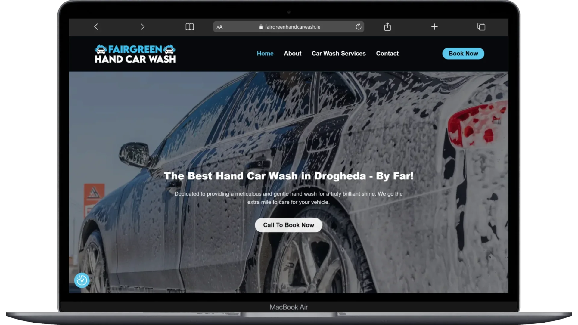 Fairgreen Hand Car Wash website homepage shown on a laptop