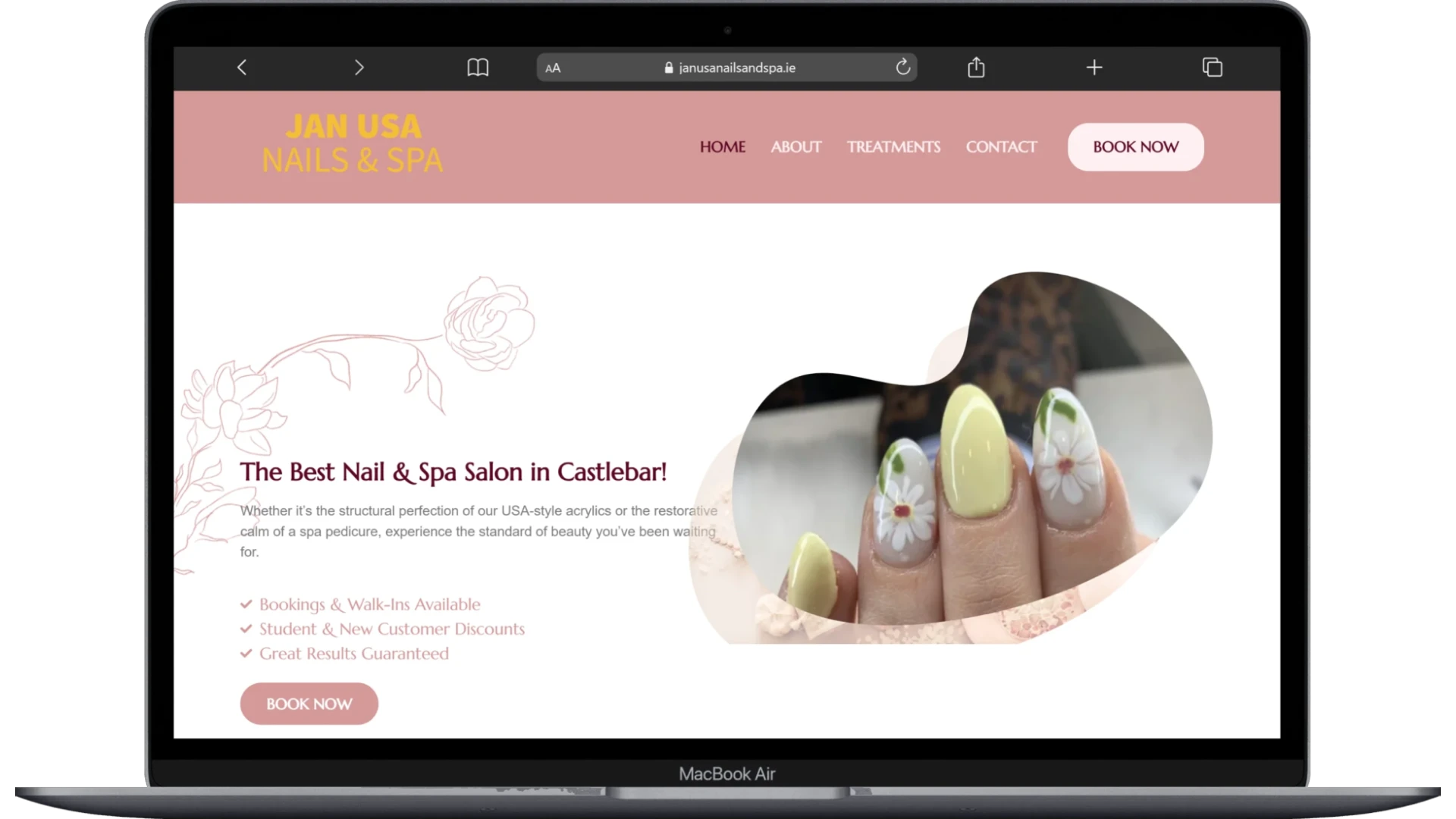 Jan USA nails and Spa website homepage shown on a laptop