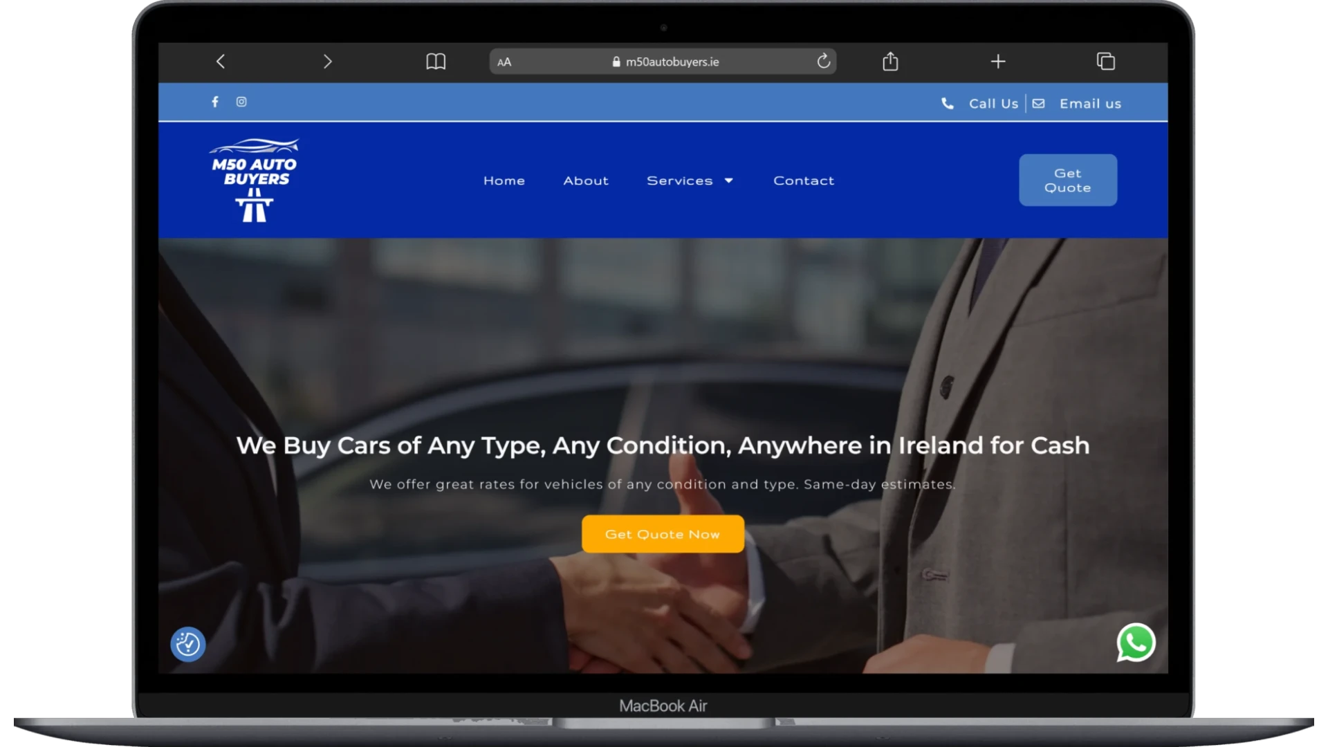 M50 Auto Buyers website homepage shown on a laptop