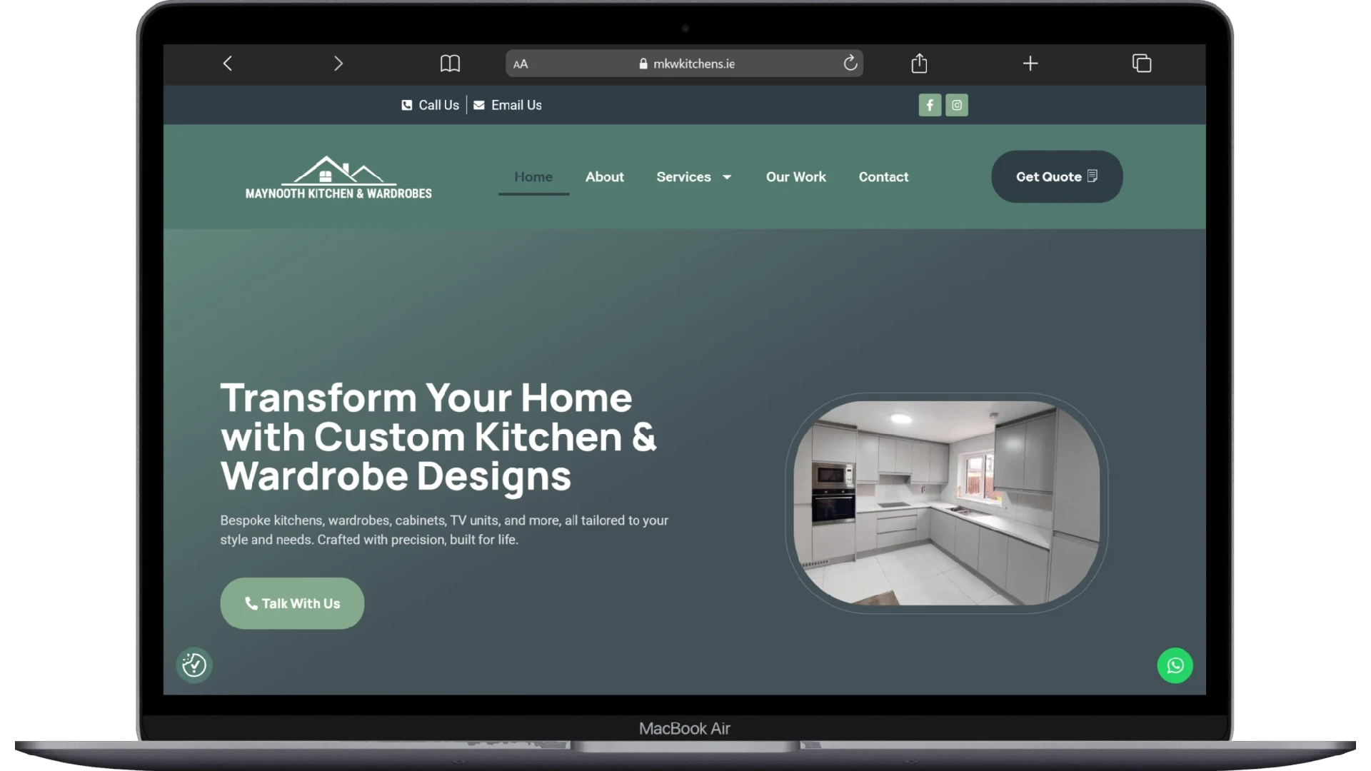 MKW Kitchens website homepage shown on a laptop