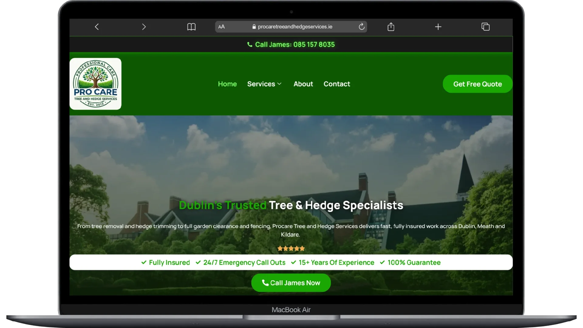 Pro Care Tree and Hedge Services website homepage shown on a laptop