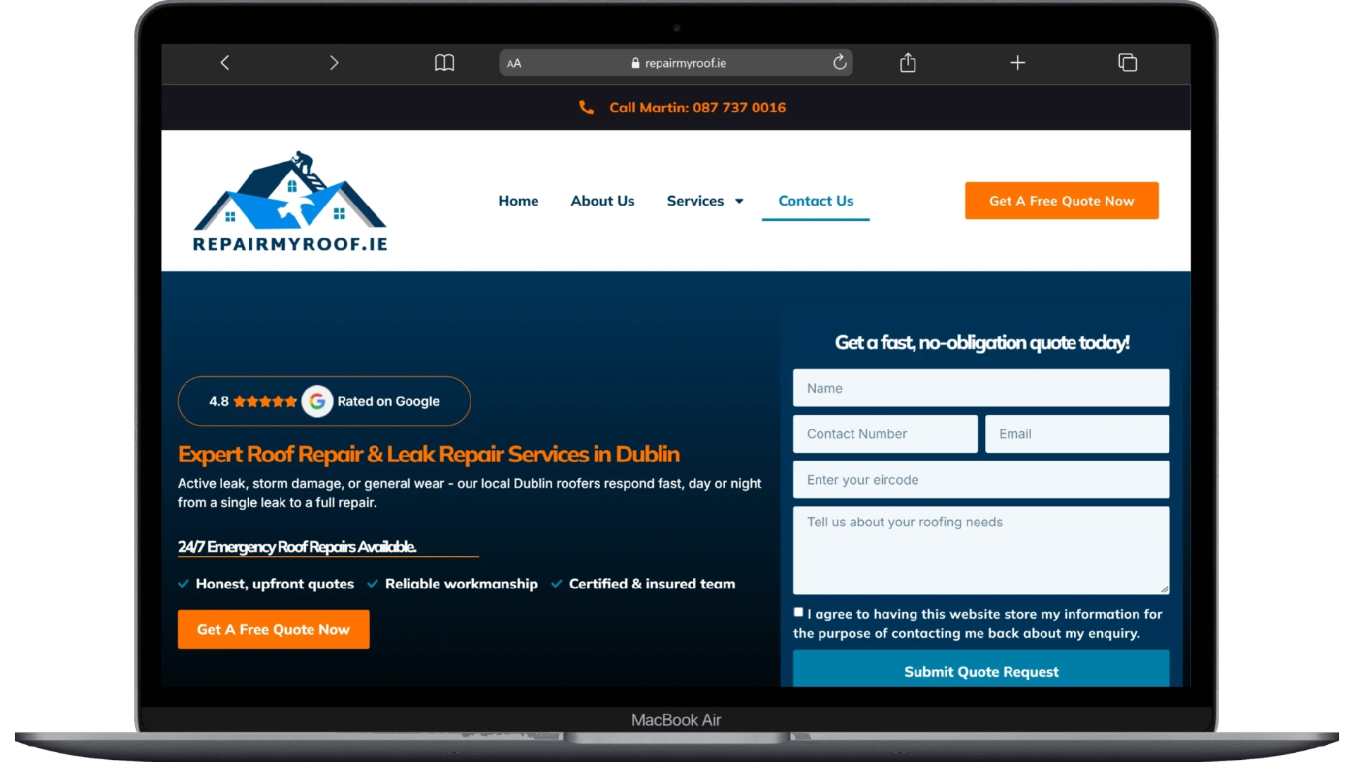 Repair My Roof website homepage shown on a laptop